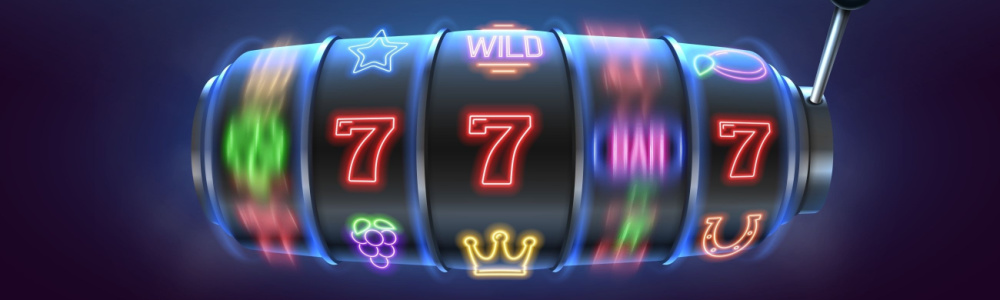 5 reels of a slot machine in neon colors on a dark blue background